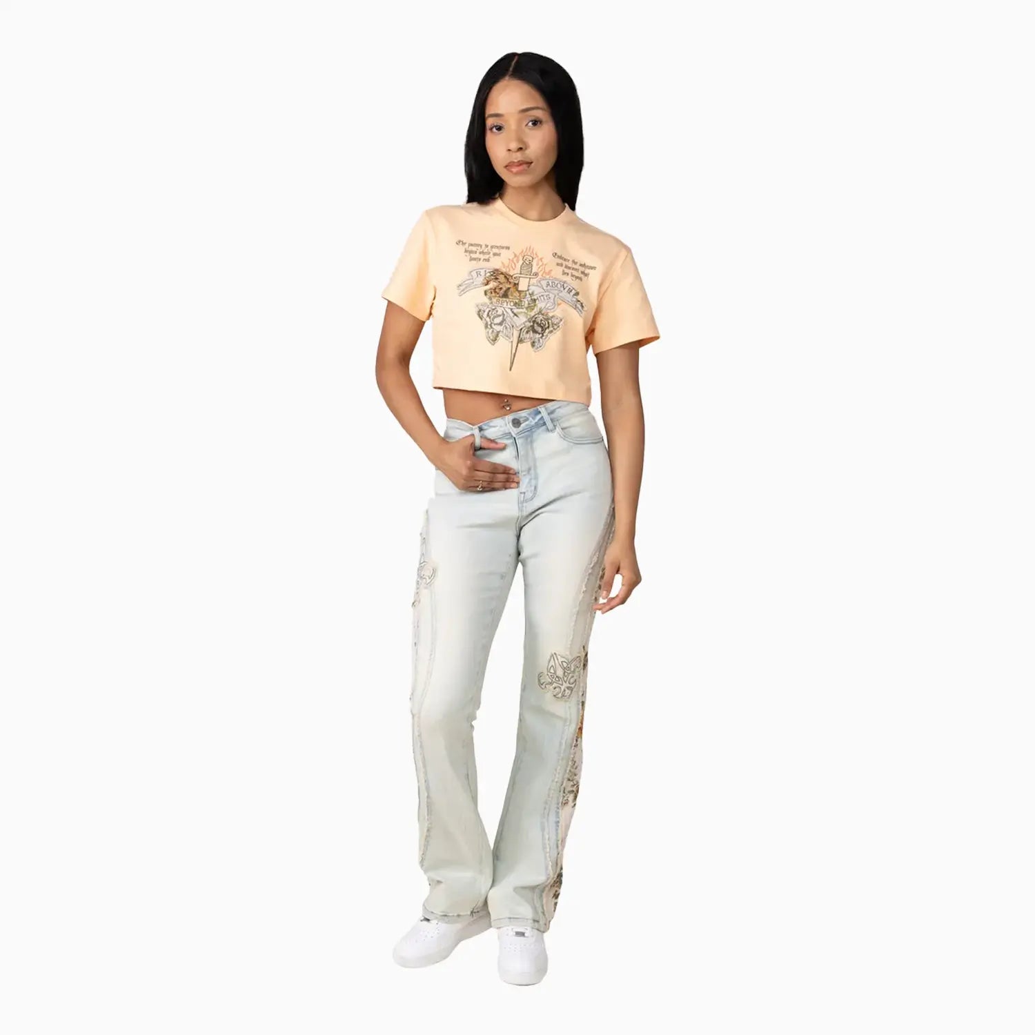 Women's High Rise Graphic Crop Outfit Smoke Rise - Tops and Bottoms USA